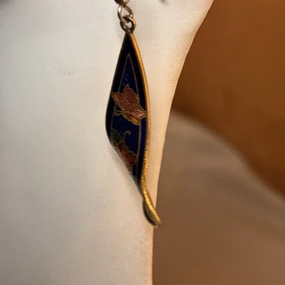 Vintage Cobalt Blue Cloisonné Drop Dangle Earrings Art Nouveau Style 2” - Picture 3 of 7